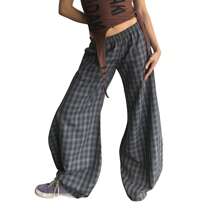Women's Casual Y2K Plaid Pants Mid Rise Wide Leg Trousers Elastic Waist Baggy Loose Lounge Long Pants Streetwear For Daily - 灰色 - 查看 1