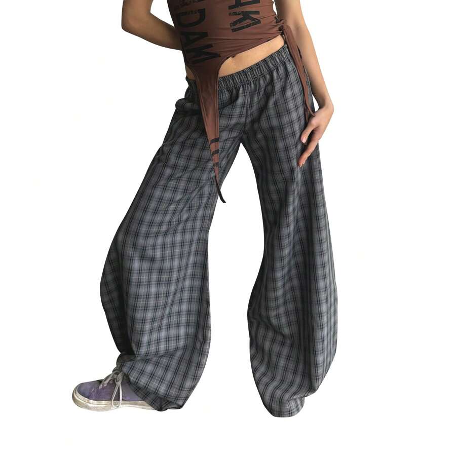 Women's Casual Y2K Plaid Pants Mid Rise Wide Leg Trousers Elastic Waist Baggy Loose Lounge Long Pants Streetwear For Daily - 灰色 - 查看 1