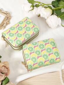 Fashionable White Purse With Fruit And Leaf Patterns - High-Quality Leather Women's Wallet With Multiple Card Slots, Double Zipper Closure, Scratch-Resistant Hardware, Compact And Portable Card Holder For Credit Cards, Bank Cards