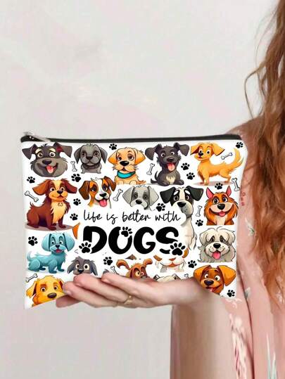 1pc "Life Is Better With Dogs" Cosmetic Bag - Ideal Gift For Dog Moms, Best Friends & Pet Lovers - Lightweight, Foldable, Stain-Resistant Fabric Makeup Pouch With Zipper Closure, Cream Background & Playful Dog Illustrations, Cute Dog Accessories,Christmas Gift