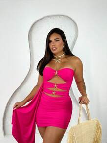 Short Star Dress Tight Fit Party Club Elegant - Pink - View 2