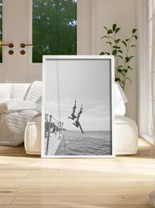 1 张 80 年代复古黑白海报、黑白海滩帆布壁画、夏日海洋、跳跃帆船游艇海报、女孩房间墙壁装饰、海滩爱好者生活方式墙壁装饰，无框架 - 淺灰色 - 查看 4