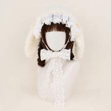 复活节兔子垂耳柔软毛绒小狗耳朵头带，带蕾丝蝴蝶结的多功能发饰，洛丽塔风格万圣节 - A - 查看 7