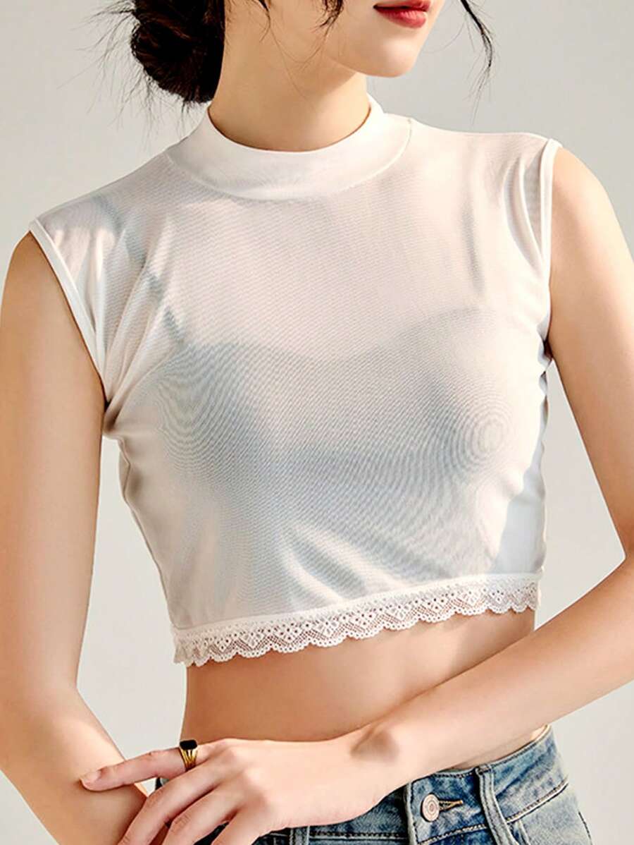 1 pieza Top corto de mujer con cuello alto, recorte de encaje de malla y sin mangas, estilo elegante adecuado para primavera, verano, otoño, invierno