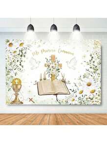 1 pieza de Pancarta de decoración para la Primera Comunión en poliéster, Fondo colgante con diseño bendición de Dios bautista, cinta de encaje rústico blanco y diseño de cruz, sin necesidad de electricidad, apta para decoración de ceremonia de Navidad y fotografía de de recién nacidos