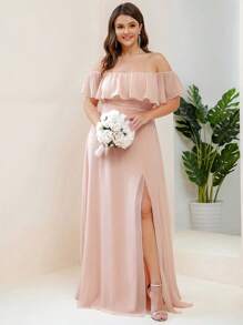 EVERPRETTY Plus Size Elegant Solid Color Off Shoulder Split Bridesmaid Dress - Pink - View 4