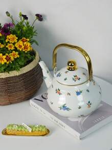 1 件 Ditsy 花卉图案白色陶瓷茶壶，家用水壶，奶茶壶，茶壶，炉灶搪瓷水壶，送给亲戚朋友的礼物，适合户外、露营