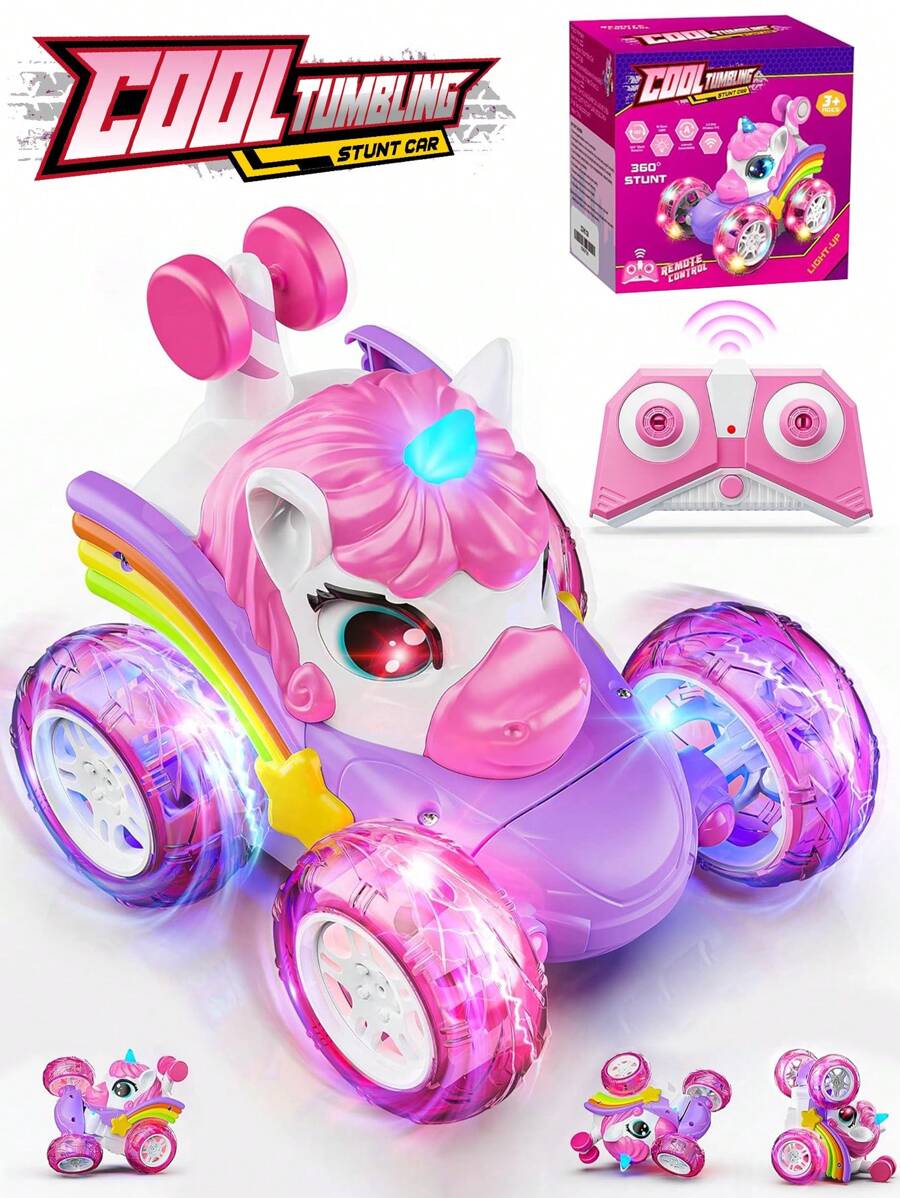 Remote Control Car RC Stunt Cars For Girl 360°Stunt Rotation 4WD Remote Cars For Kids 3-6 Double Sided RC Car With LED Lights,2.4GHz Electric Toy Car,Birthday Gift For 3 4 5 6 Year Old Girl - Pink - View 1