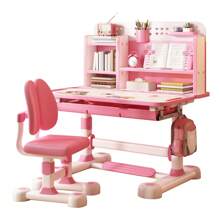 2Pcs/Set Kids Study Desk Chair Set, Height Adjustable Children School Study Table Chair Set With Sitting Corrector, Ergonomic Desk Chair With Book Stand, Foot Pedal, Partition Design - Pink - View 10