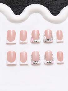 paquete de 10 uñas postizas artesanales con decoración de moño y strass en estilo Y2K Baddie, disponibles en colores nude y blanco, adecuado para fiesta, boda y uso diario, incluye kit de accesorios, un regalo adecuado para mujeres y niñas