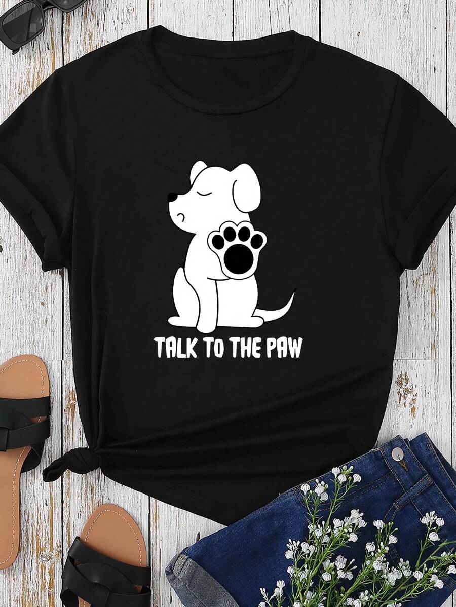 With Cute Dog And "Talk To PAWS" Print Plus Size Women's T-Shirt, A Gift T-Shirt That Will Surprise You With Unexpected Surprises - 黑色 - 查看 1