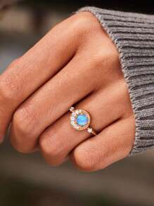 1 件纯银 925 银时尚优雅几何月亮星锆石合成蛋白石指环女士日常佩戴派对珠宝礼物配饰 - 玫瑰金 - 查看 1