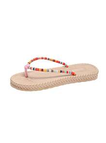 Teens Colorful Rope Woven Round Toe Flat Sandals, Non-Slip Beach Slippers, Fashionable Resort Style