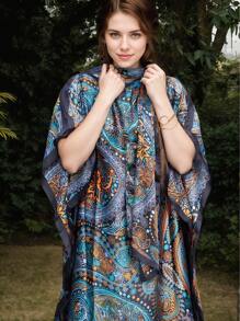 1 Set Women Vintage Multicolor Satin Soft Breathable Printed Scarf And Long Robe, Versatile For Casual, Warm, Elegant Outings, Beach, Sun Protection, Modest Kaftan