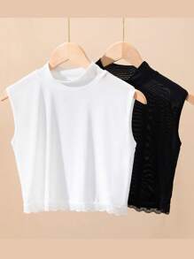 1 pieza Top corto de mujer con cuello alto, recorte de encaje de malla y sin mangas, estilo elegante adecuado para primavera, verano, otoño, invierno