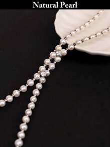 1pc Fashionable Long Faux Pearl Necklace, White & Gray Natural Freshwater Pearl Necklace, Stylish & Versatile For Daily Wear, Holiday Gift - White - View 3