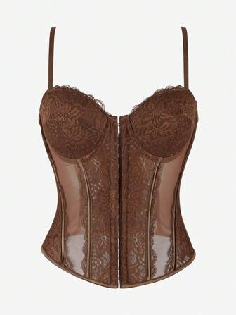 女士蕾丝紧身胸衣上衣，黑色透明紧身胸衣吊带背心，前胸开合，精致细肩带，宫廷式紧身胸衣