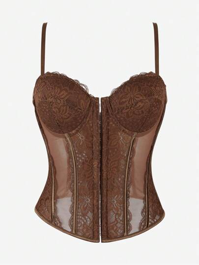 Top corset de encaje para mujeres, camisola con corsé transparente negro con cierre delantero, tirantes finos, corpiño con ballenas tipo palacio