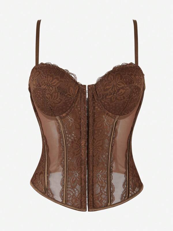 Top corset de encaje para mujeres, camisola con corsé transparente negro con cierre delantero, tirantes finos, corpiño con ballenas tipo palacio