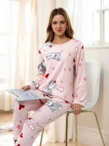 2Pzs Pijamas de Algodón Suaves y Cálidos - Conjunto Térmico de Manga Larga para Dormir, Estampados Divertidos Blusa y Pantalones - PERRO ROSA - Ver 6