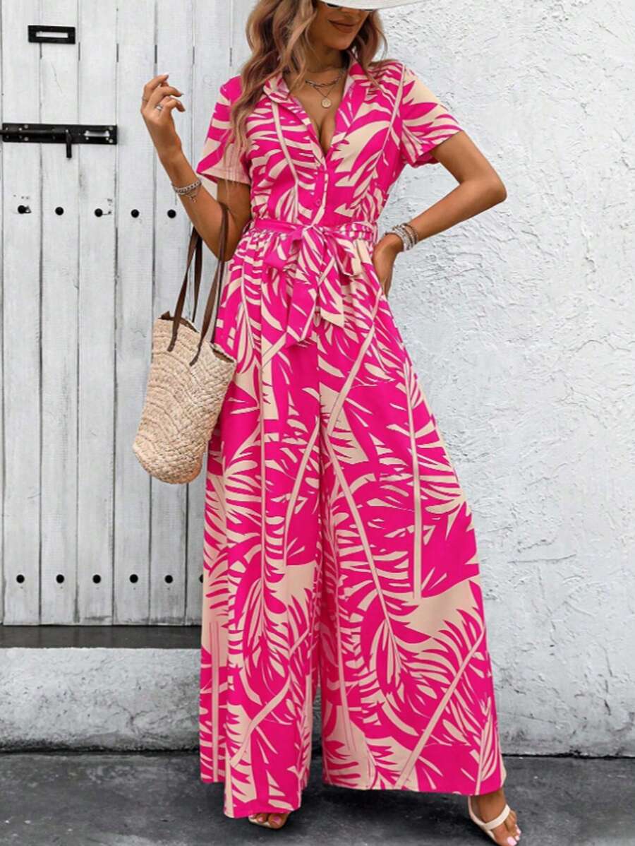 Women's Fashionable Short-Sleeved Printed Wide Leg Pants Jumpsuit