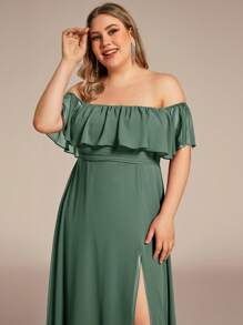 EVERPRETTY Plus Size Women's Solid Color Ruffle Off Shoulder Elegant Bridesmaid Dress - Army Green - View 5