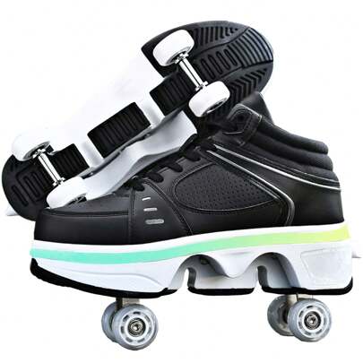 Black High-Top Deform Roller Skate Shoes, Multi-Functional Roller Skates, Sneakers And Roller Shoes 2-In-1 For Casual/ Outdoor Activities, 4 Retractab