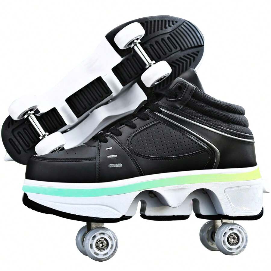 yousulun Black High-Top Deform Roller Skate Shoes, Multi-Functional Roller Skates, Sneakers And Roller Shoes 2-In-1 For Casual/ Outdoor Activities, 4 Retractable Wheels, Unique Gift - 黑色高筒帶燈 - 查看 1