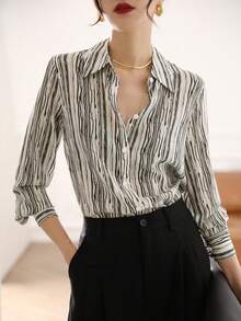 YUXIN 新款春夏秋季女士翻领长袖衬衫，复古港风条纹修身衬衫 - 黑色 - 查看 4