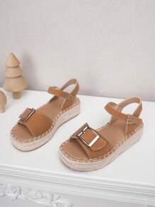 1 Pair Girls Lightweight Thick-Sole Casual Hook And Loop Rope Sandals, Suitable For Summer - Brown - View 3