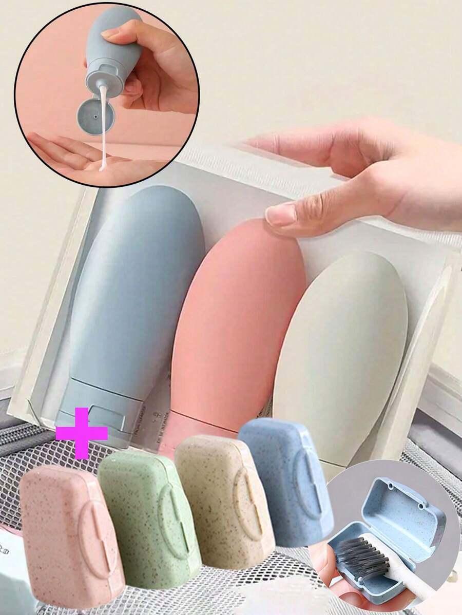 3 件/套旅行可再填充瓶+4 件便携式牙刷盒牙刷架牙刷头套，可再填充乳液分配器便携式乳液瓶旅行瓶套装防漏旅行瓶套装，可再填充浴室空容器 - 彩色 - 查看 1