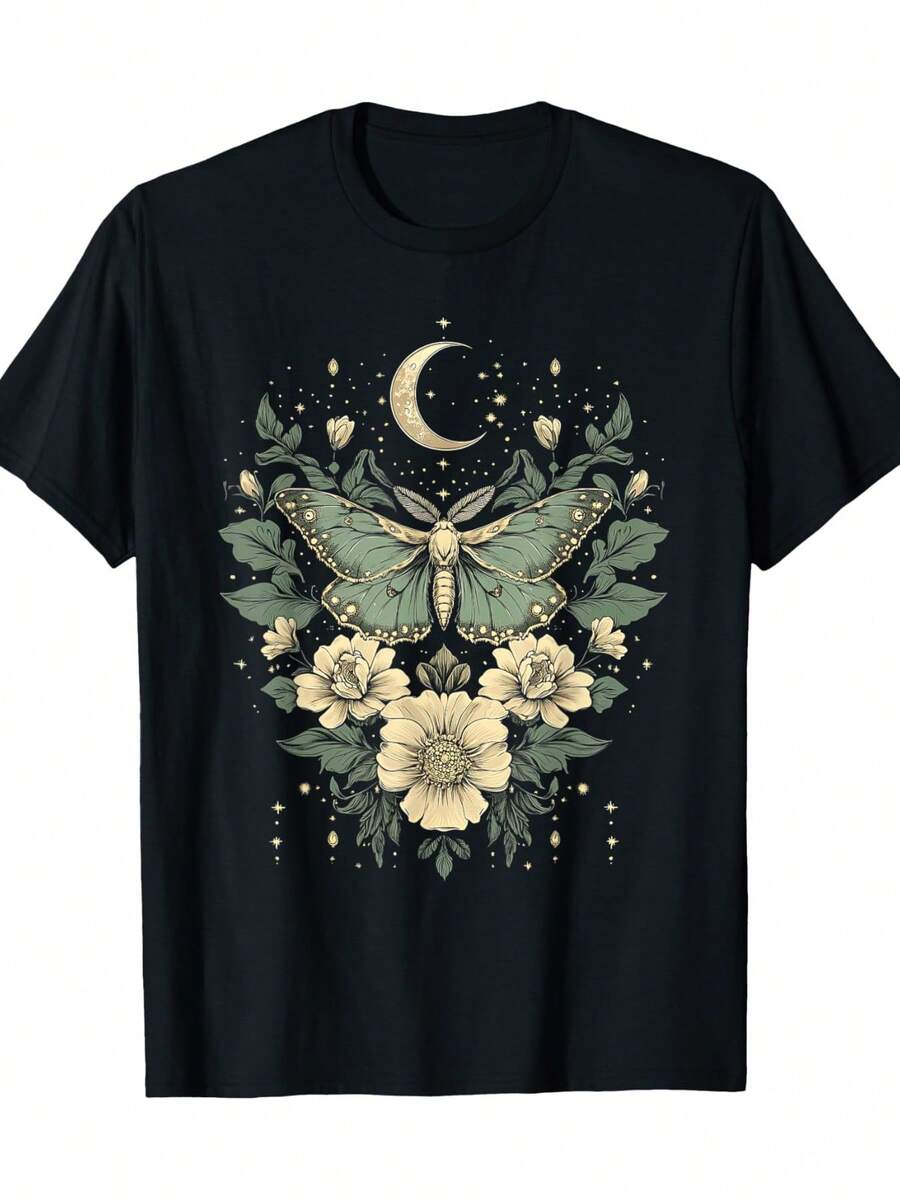 CHICLY19 Unisex 100% Cotton Celestial Luna Moth Graphic T-Shirt, Vintage Floral Moon Phase & Stars Print Crewneck Tee, Casual Short Sleeve Top, Relaxed Fit, Green & Beige Botanical Design, Soft Breathable Fabric, Dark Cottagecore Aesthetic Apparel For Everyday Wear & Casual Outings - Black - View 1