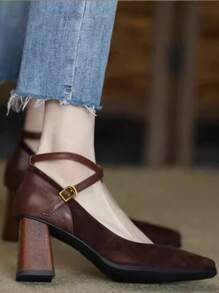 Women's Black French Chic Square Toe Thick Heel Platform High Heel Sandals With Single Strap, Wine Red,Elegant - Brown - View 4