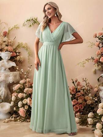 EVERPRETTY Zomer vlindermouwen strik op de rug gerimpelde chiffon saliegroene bruidsmeisjesjurk elegante jurk bruiloft gast jurk voor bruiloft