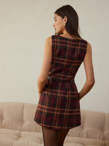 Women's Elegant Plaid Pleated Sleeveless Dress, Suitable For Work Commute, No Belt - kẻ sọc đỏ - Xem 2