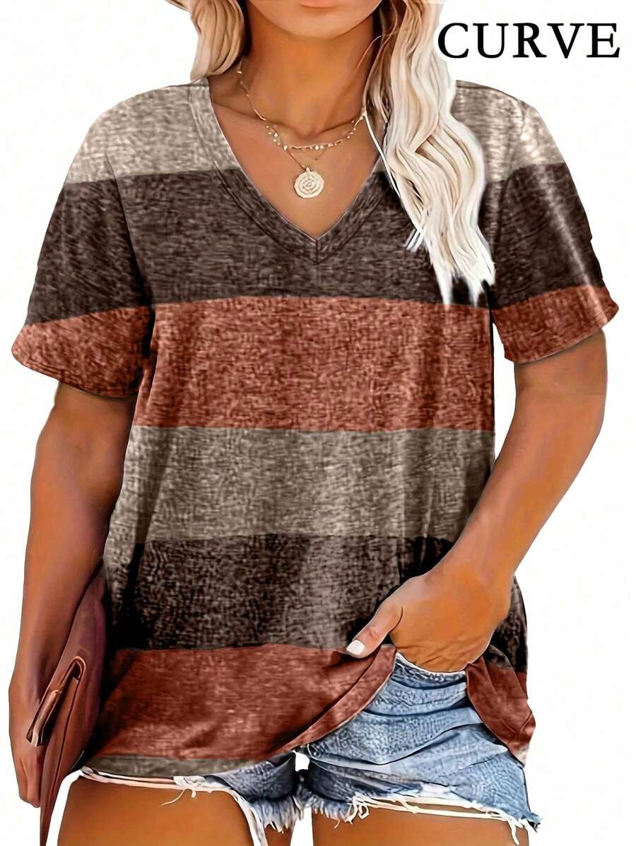 Plus Size Women Striped V-Neck Casual T-Shirt Summer - Brown - View 1