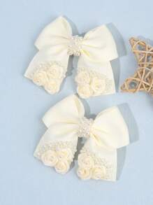 2PCS Fashion Trailing Rose Decorated Bow Girl Hair Clip, Pearl Decorated Solid Color Hairpin Is The Perfect Choice For Giving Children Birthday Gifts