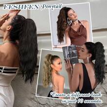 FESHFEN Long Ponytail Hairpiece Extension, Ash Blonde, Curly Wavy Hair Extension Braiding Hairstyle With Comb, Synthetic Ponytail For Women, 60 Cm (24 Inches) - 深棕色 - 查看 6