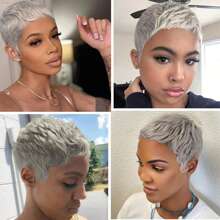 Elegant Short Pixie Cut Bob Wig With Bangs - Gray Layered Human Hair, Straight Style, Perfect For Parties & Cosplay, Machine Made,Hair Wig