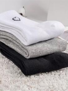 6 Pairs Of Heart-Shaped Pattern Athleisure Socks, Couple Sports Socks, Thick And Comfortable Materials, Simple And Versatile Solid Color Socks, Ins And Korean Style, Suitable For Both Men And Women, Black, White And Gray