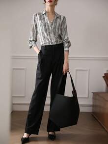 YUXIN 新款春夏秋季女士翻领长袖衬衫，复古港风条纹修身衬衫 - 黑色 - 查看 10