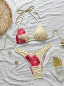 Bañador de mujer con flores de hibisco amarillas para los días de verano, desde la piscina hasta la playa, conjunto de bikini básico y elegante con decoración floral para playa