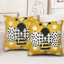2 Stücke Bienenkissen Frühling Sommer Hummel Bauernhaus Dekoration Kissenbezug gelb und weiß gepunktet Outdoor Kissenbezug Leinen Kissenbezug Zuhause Sofa ohne Kissenfüllung auf einer Seite