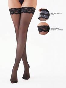 1 Pair Women's 20D/70D Lace Non-Slip Sexy Thigh High Stockings (Polka Dot/Jacquard) - Black - View 12