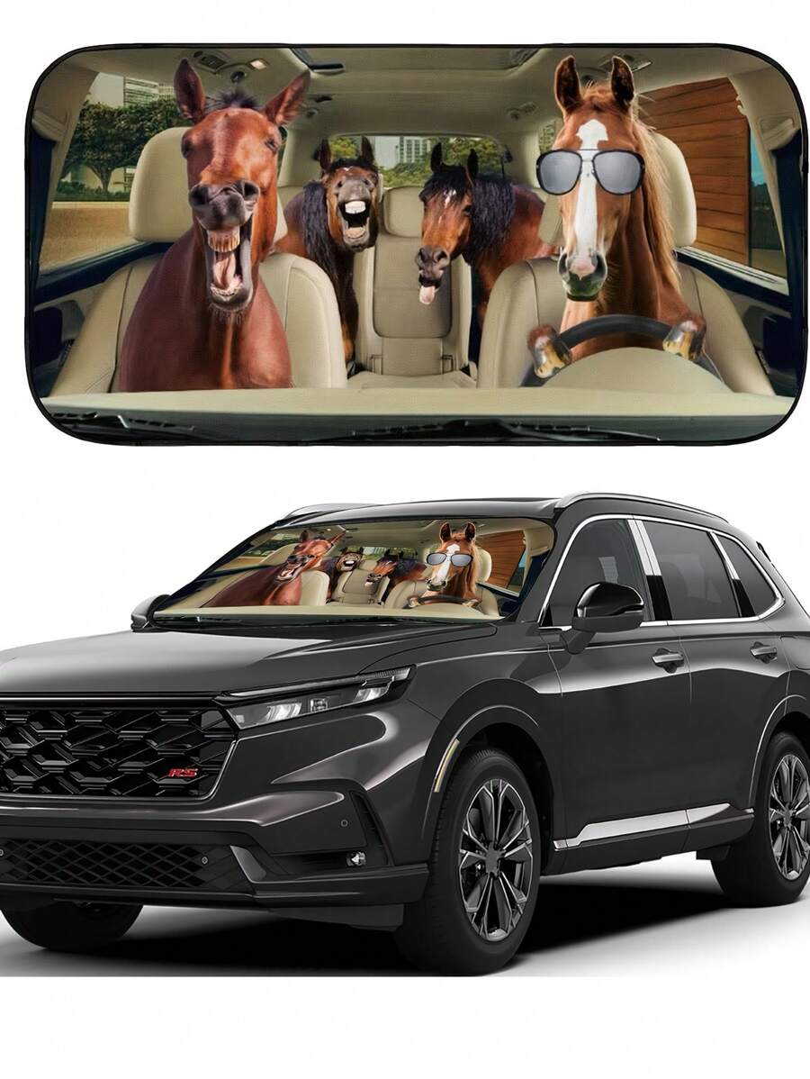1 pièce Pare-soleil pour pare-brise de voiture en forme amusante de cheval, conçu pour protéger votre véhicule, bloque les rayons UV, pliable pour garder la fraîcheur, convient aux voitures, SUV, camping-cars, camions et véhicules tout-terrain - Matériau en polyester , 59x27 pouces, cadeau pour les amateurs de chevaux