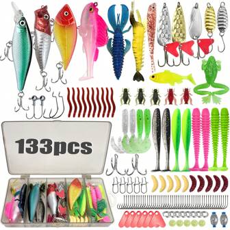 133 pièces Leurres de pêche Kit de leurres de pêche à la bass avec leurres souples et leurres durs et accessoires pour toutes les couches d'eau, pêche en eau douce et en eau salée, ensemble combiné pour débutants et professionnels