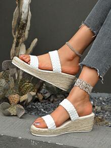 Women's Thick Sole Woven Hemp Rope Summer Beach Vacation Casual Fashion Slip-On Wedge Sandals