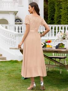 MIUSOL Đầm dạ hội thanh lịch cổ chữ V đính sequin và ren, phối màu tương phản, chất liệu chiffon, xếp ly, thích hợp cho khách dự đám cưới, tiệc tối trang trọng và các dịp khác trong mùa hè. - Rượu sâm banh - Xem 3