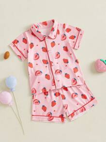 Kids Girls Boys Pajamas Set Dinosaur/Rugby/Strawberry Print Short Sleeve Shirts Tops Shorts 2 Pieces Lounge Suit Sleepwear - 粉色 - 查看 4