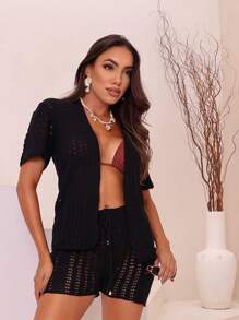 Conjunto Saída De Praia Tricot Banho Moda Feminina - Preto - Visão 4